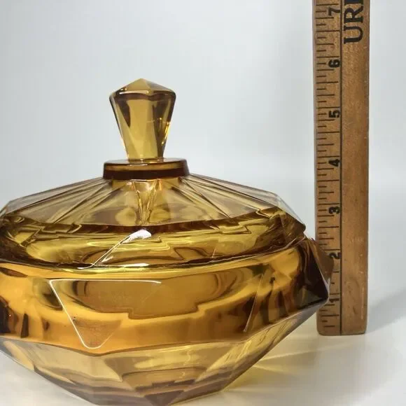 VTG Viking Amber Glass Covered Candy Dish Bowl Lid Diamond Point 7.5" - Picture 12 of 12